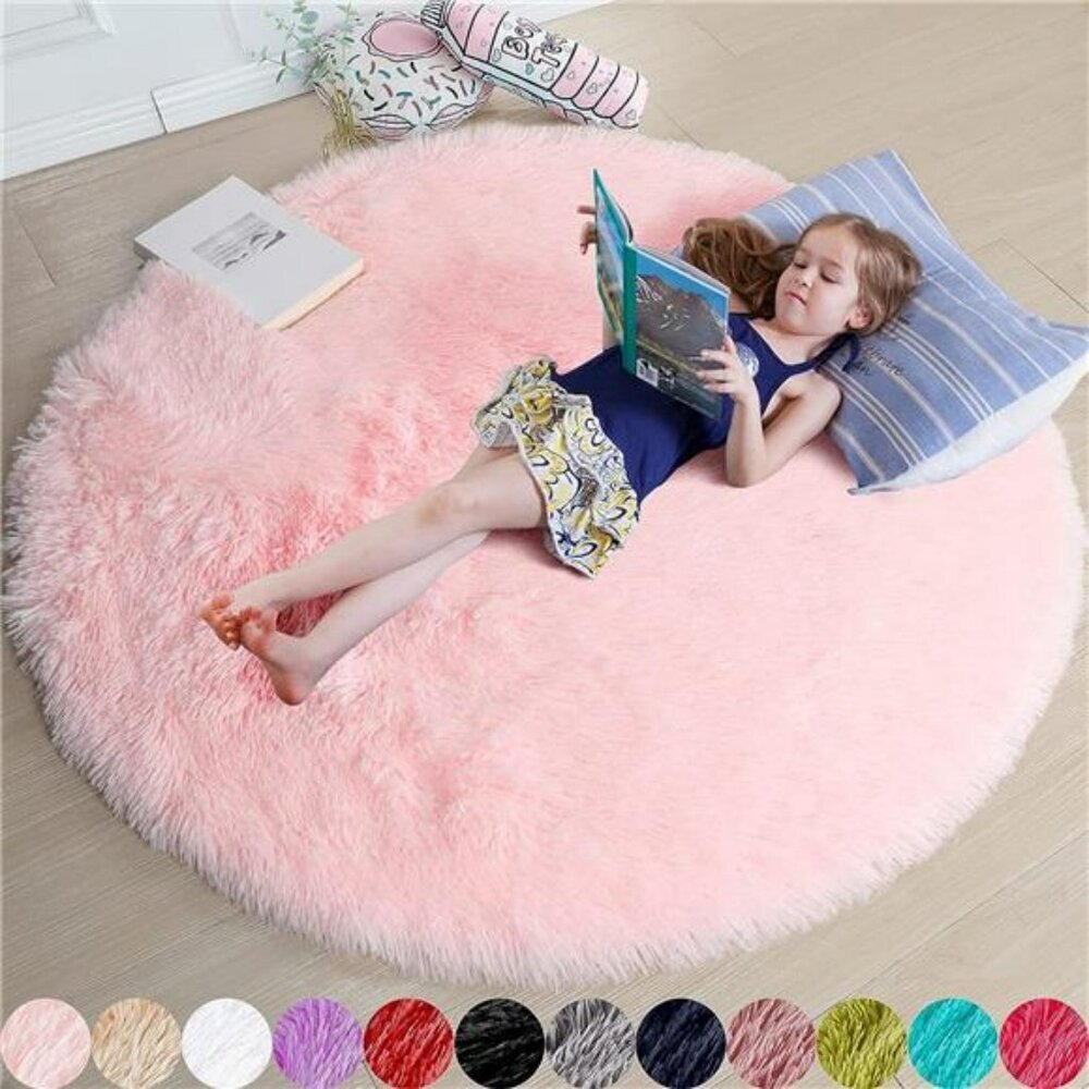 Pink Round Fluffy Rug 4ft Washable Shag Carpet for Girls Bedroom Kids Room